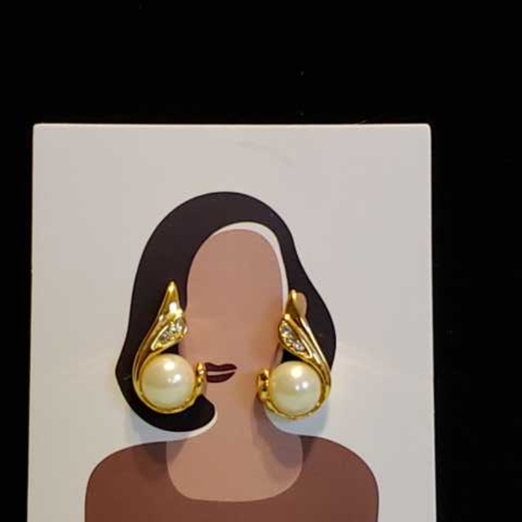 Elegant Gold-Tone Faux Pearl Earrings with Sparkling Accents - Picture 2 of 4